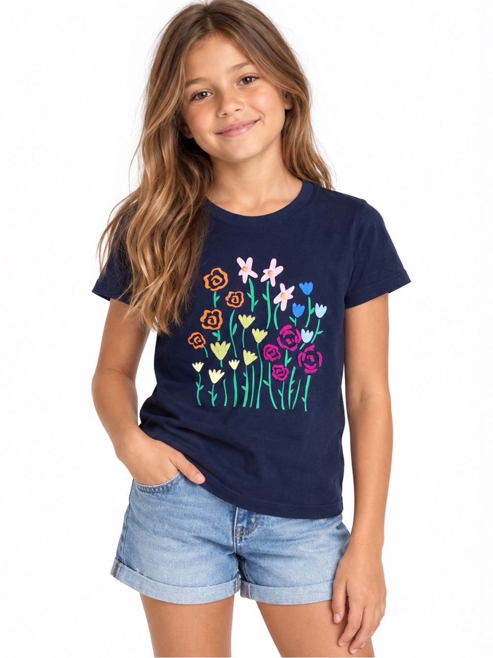 GAP Kids Girls Navy Floral Graphic T-Shirt Size L
